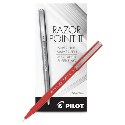 Pilot Razor Point II Marker Pens - Super Fine Pen Point - 0.3 mm Pen Point Size - Red - Red Barrel - Plastic Tip - 1 Dozen