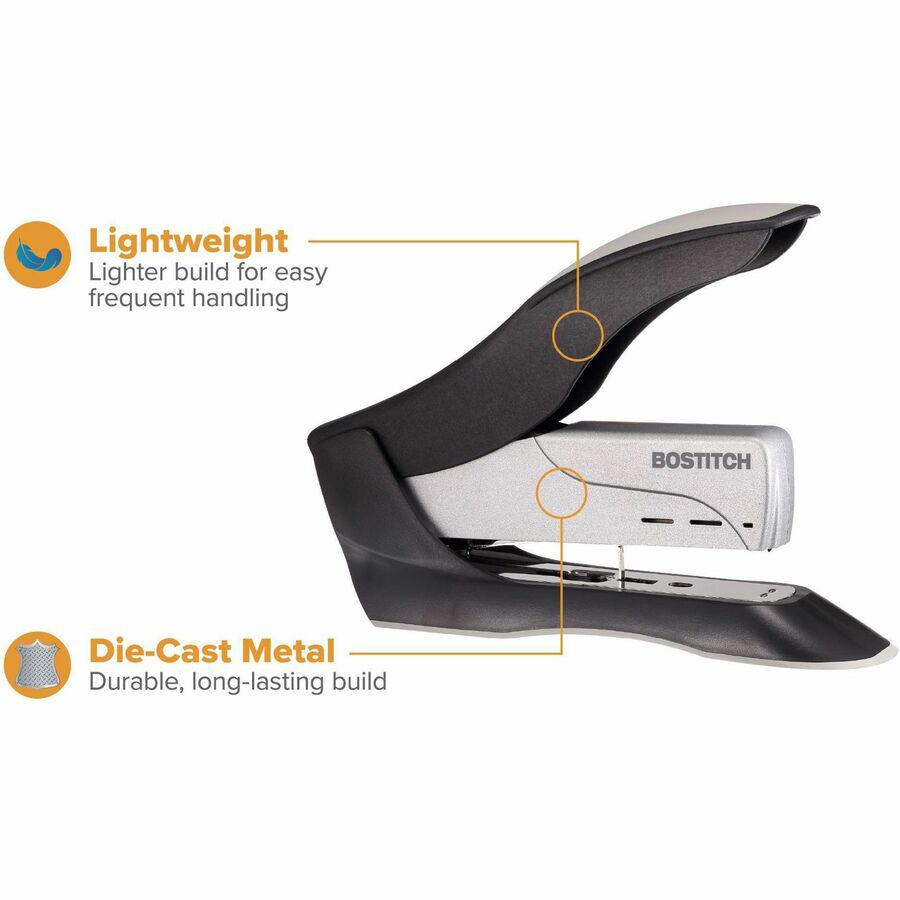 Bostitch Spring-Powered Antimicrobial Heavy Duty Stapler - 100 Sheets Capacity - 210 Staple Capacity - Full Strip - 1/2" Staple Size - 1 Each - Black, Gray