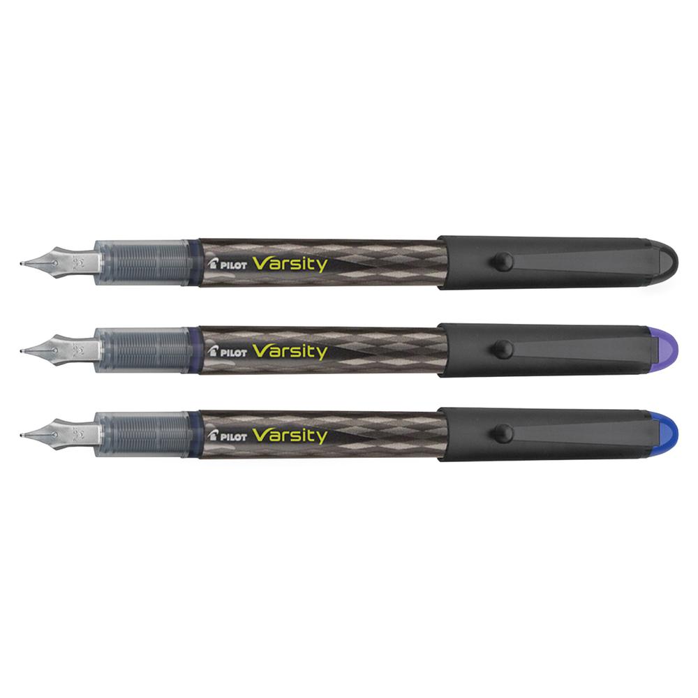 Pilot Varsity Disposable Fountain Pens - Medium Pen Point - Black, Blue, Purple - Black Barrel - 3 / Pack