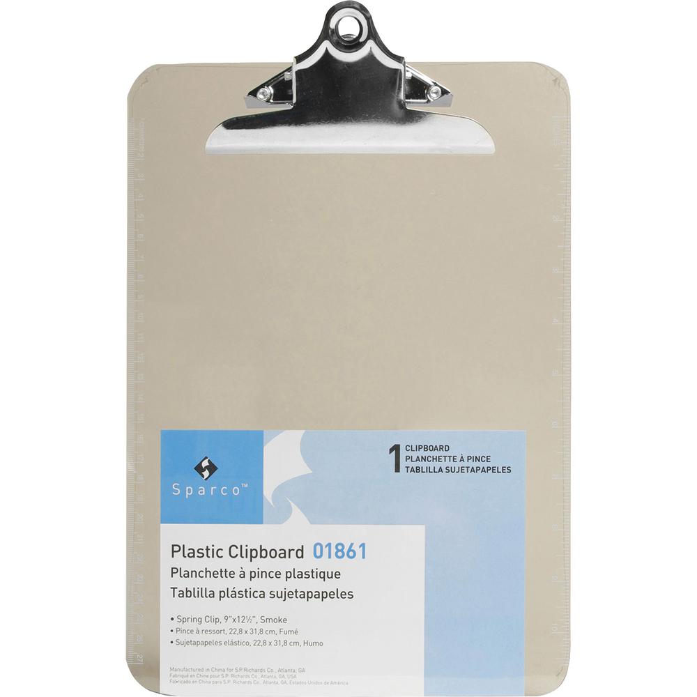 Business Source Spring Clip Plastic Clipboard - 8 1/2" x 11" - Spring Clip - Plastic - Smoke - 12 / Box