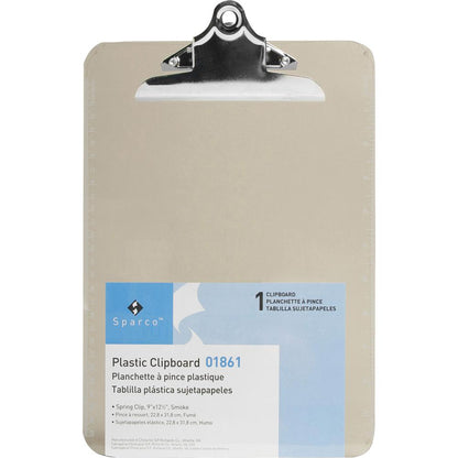 Business Source Spring Clip Plastic Clipboard - 8 1/2" x 11" - Spring Clip - Plastic - Smoke - 12 / Box