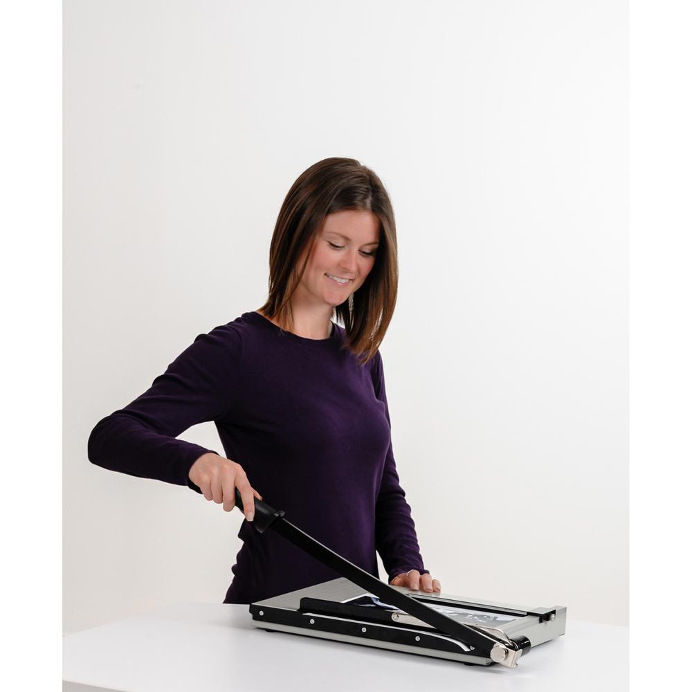 Dahle NA Vantage Guillotine Paper Trimmer - 15 Sheet Cutting Capacity - 15" Cutting Length - Sturdy, Spring-action Handle, Adjustable Back Stop, Alignment Grid - Metal - Gray - 12.3" Length - 1 / Cart