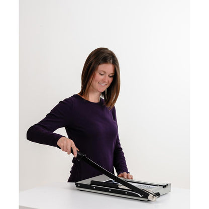 Dahle NA Vantage Guillotine Paper Trimmer - 15 Sheet Cutting Capacity - 15" Cutting Length - Sturdy, Spring-action Handle, Adjustable Back Stop, Alignment Grid - Metal - Gray - 12.3" Length - 1 / Cart