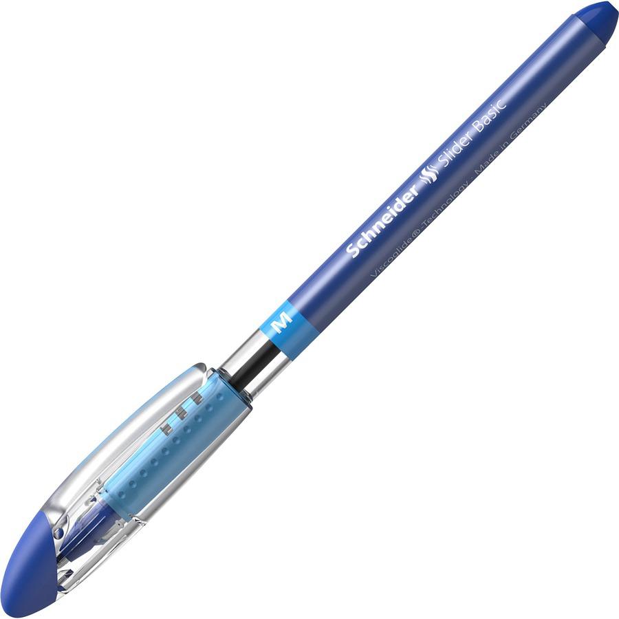 Schneider Slider Basic Medium Ballpoint Pen - Medium Pen Point - 1 mm Pen Point Size - Blue - Transparent Rubberized, Blue Barrel - Stainless Steel Tip - 10 / Pack