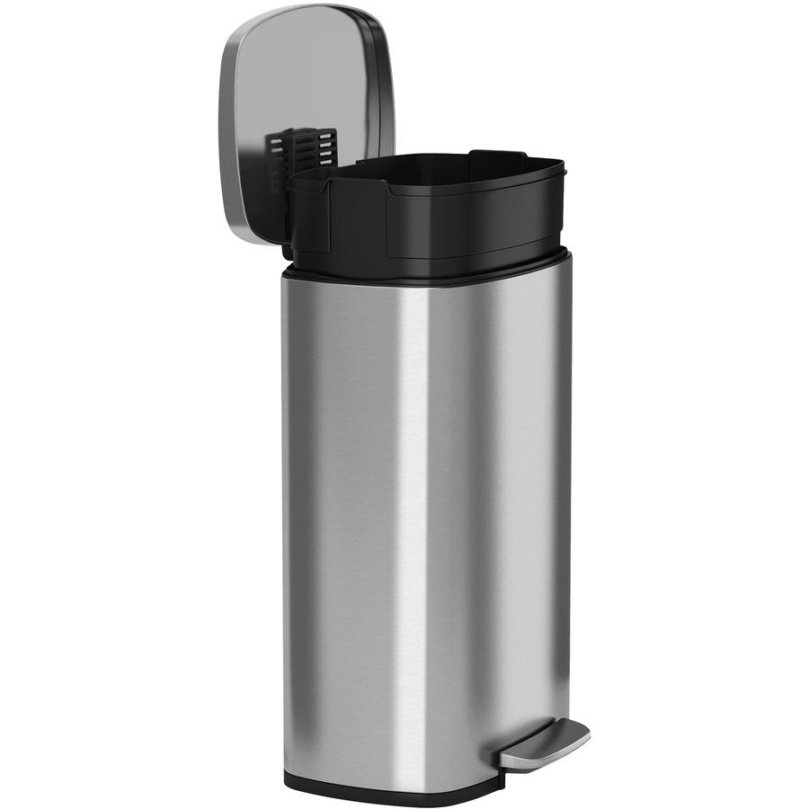 HLS Commercial Stainless Steel Soft Step Trash Can - 8 gal Capacity - Fire Resistant - Smooth, Pedal Control, Fingerprint Resistant, Smudge Resistant, Lid Locked, Rubber Feet, Handle, Non-skid, Remova