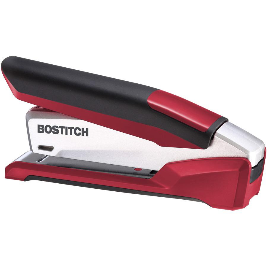 Bostitch InPower Spring-Powered Antimicrobial Desktop Stapler - 28 Sheets Capacity - 210 Staple Capacity - Full Strip - 1/4" Staple Size - 1 Each - Silver, Red