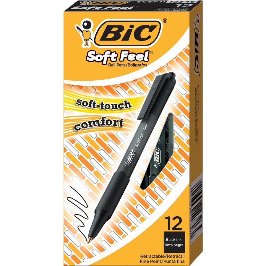 BIC SoftFeel Retractable Ball Pens - Fine Pen Point - Retractable - Black - Black Rubber Barrel - 1 Dozen