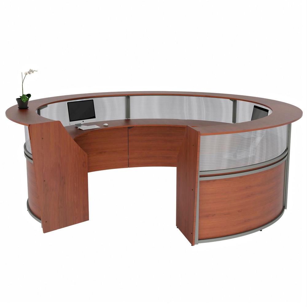 Linea Italia 5-Unit Curved Reception Desk - 11.8 ft x 11.1 ft x 46" - Material: Thermofused Laminate (TFL) - Finish: Cherry, Clear
