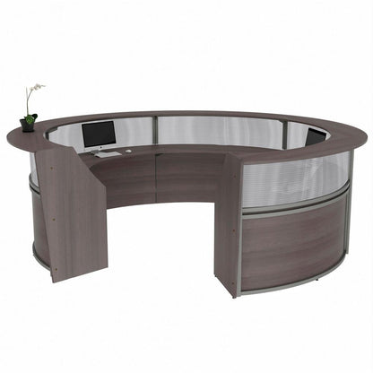 Linea Italia 5-Unit Curved Reception Desk - 11.8 ft x 11.1 ft x 46" - Material: Thermofused Laminate (TFL) - Finish: Mocha, Clear