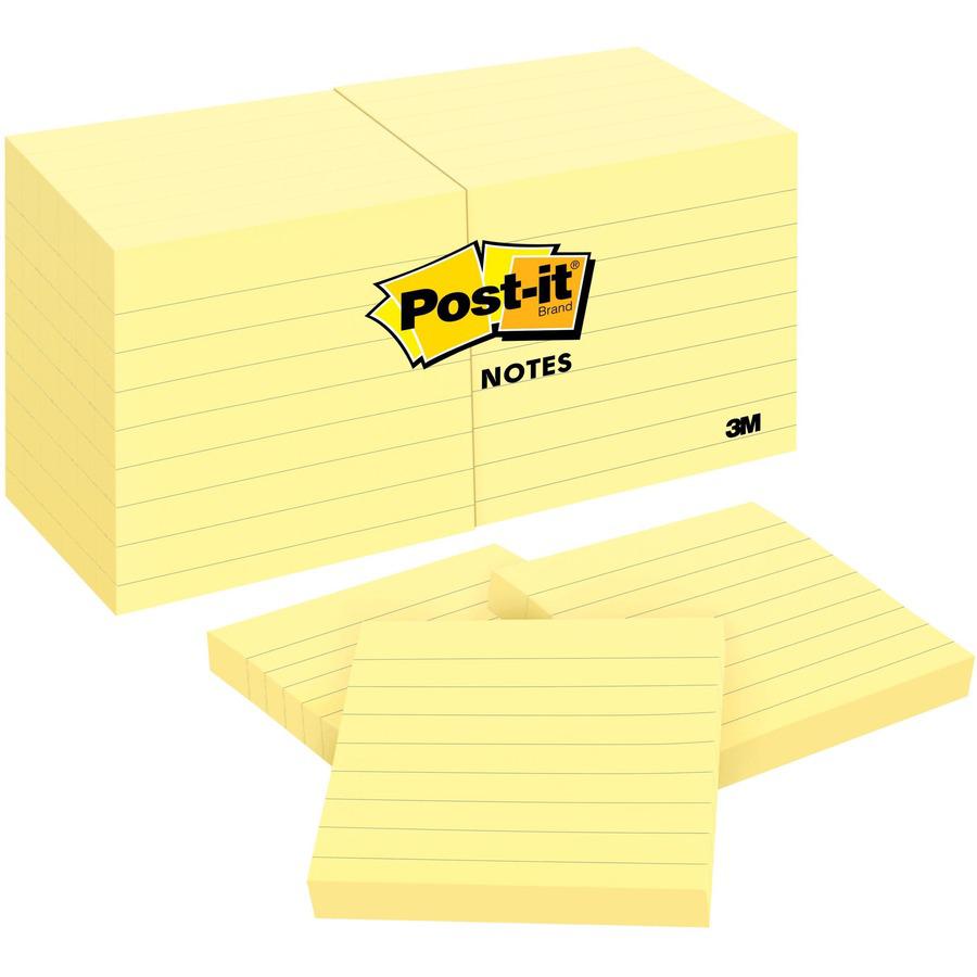 Post-it&reg; Notes Original Lined Notepads - 1200 - 3" x 3" - Square - 100 Sheets per Pad - Ruled - Yellow - Paper - Removable - 12 / Pack