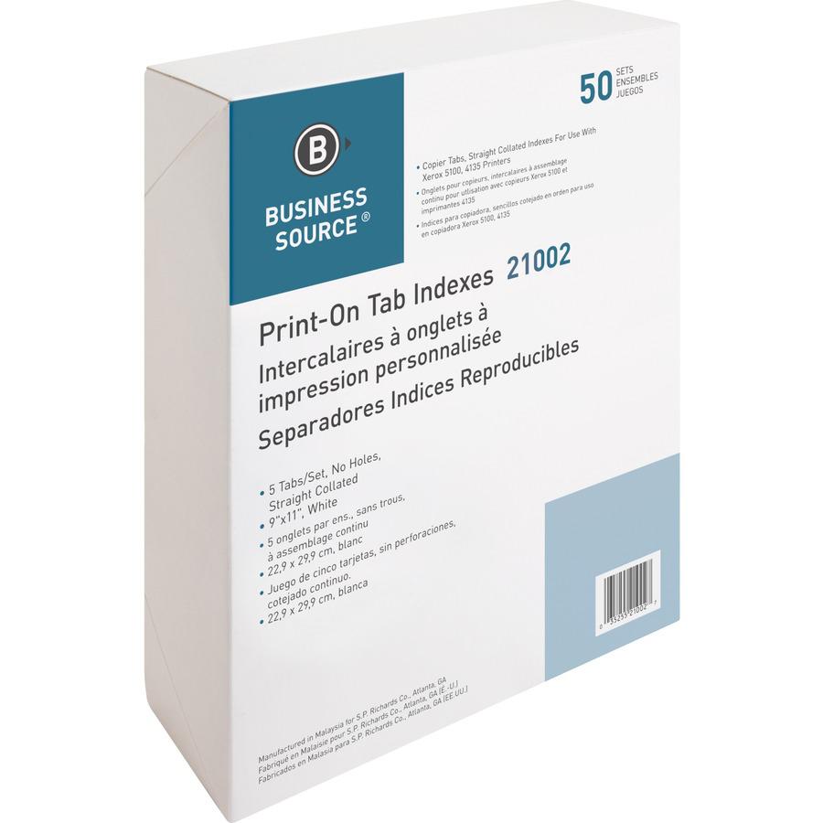 Business Source Straight Collated Print-on Tab Divider - Print-on Tab(s) - 5 Tab(s)/Set - 9" Divider Width x 11" Divider Length - Letter - White Divider - White Tab(s) - 50 / Box