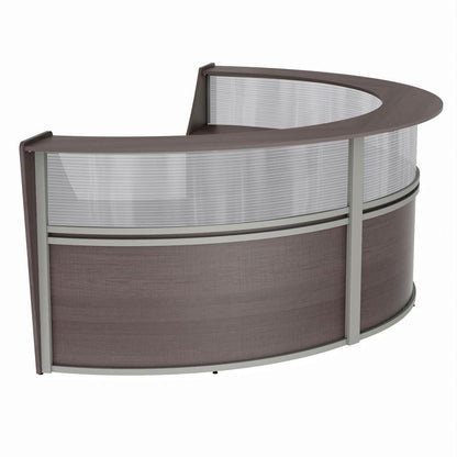 Linea Italia 3-Unit Curved Reception Desk - 11.9 ft x 71" x 46" - Material: Thermofused Laminate (TFL) - Finish: Mocha, Clear