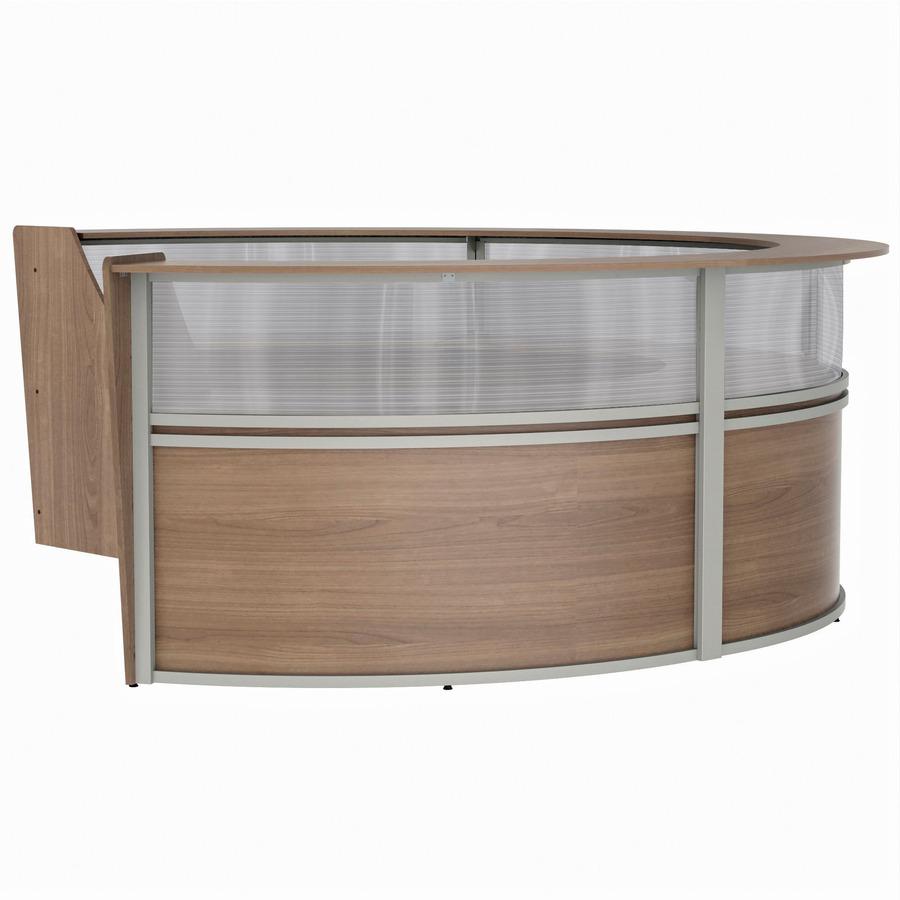 Linea Italia 4-Unit Curved Reception Desk - 11.8 ft x 107" x 46" - Material: Thermofused Laminate (TFL) - Finish: Walnut, Clear