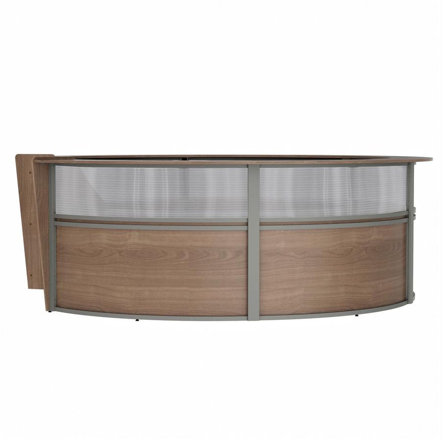 Linea Italia 5-Unit Curved Reception Desk - 11.8 ft x 11.1 ft x 46" - Material: Thermofused Laminate (TFL) - Finish: Walnut, Clear
