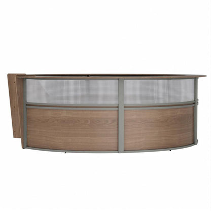 Linea Italia 5-Unit Curved Reception Desk - 11.8 ft x 11.1 ft x 46" - Material: Thermofused Laminate (TFL) - Finish: Walnut, Clear