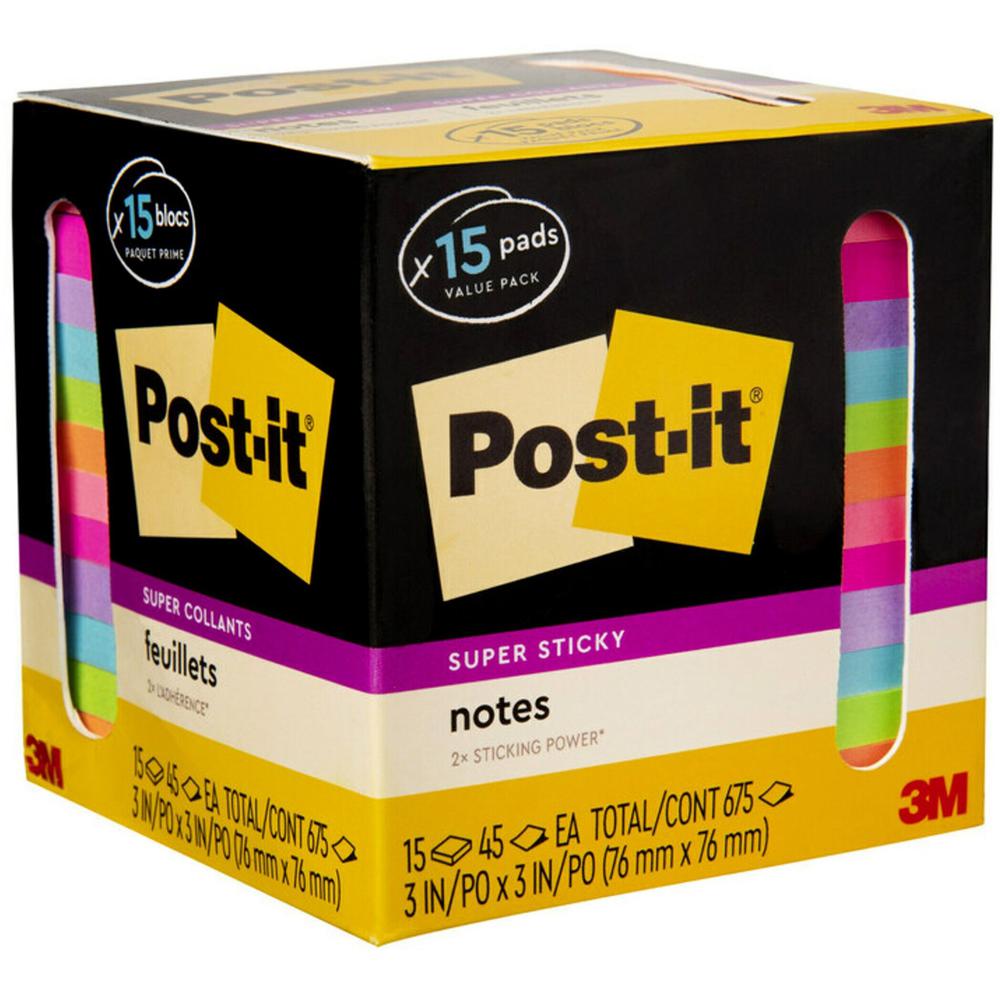 Post-it&reg; Super Sticky Notes - 15 - 3" x 3" - Square - 45 Sheets per Pad - Neon Orange, Tropical Pink, Power Pink, Iris, Blue Paradise, Neon Green Limeade - Adhesive, Recyclable - 15 / Pack