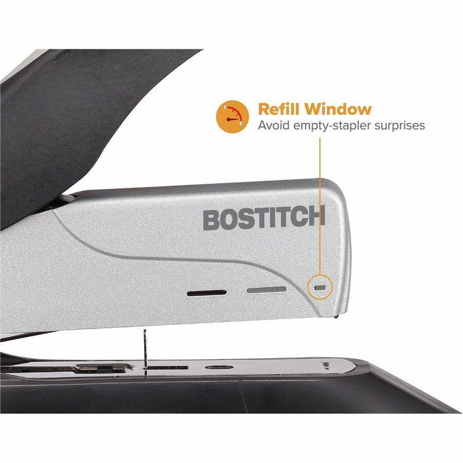 Bostitch Spring-Powered Antimicrobial Heavy Duty Stapler - 100 Sheets Capacity - 210 Staple Capacity - Full Strip - 1/2" Staple Size - 1 Each - Black, Gray