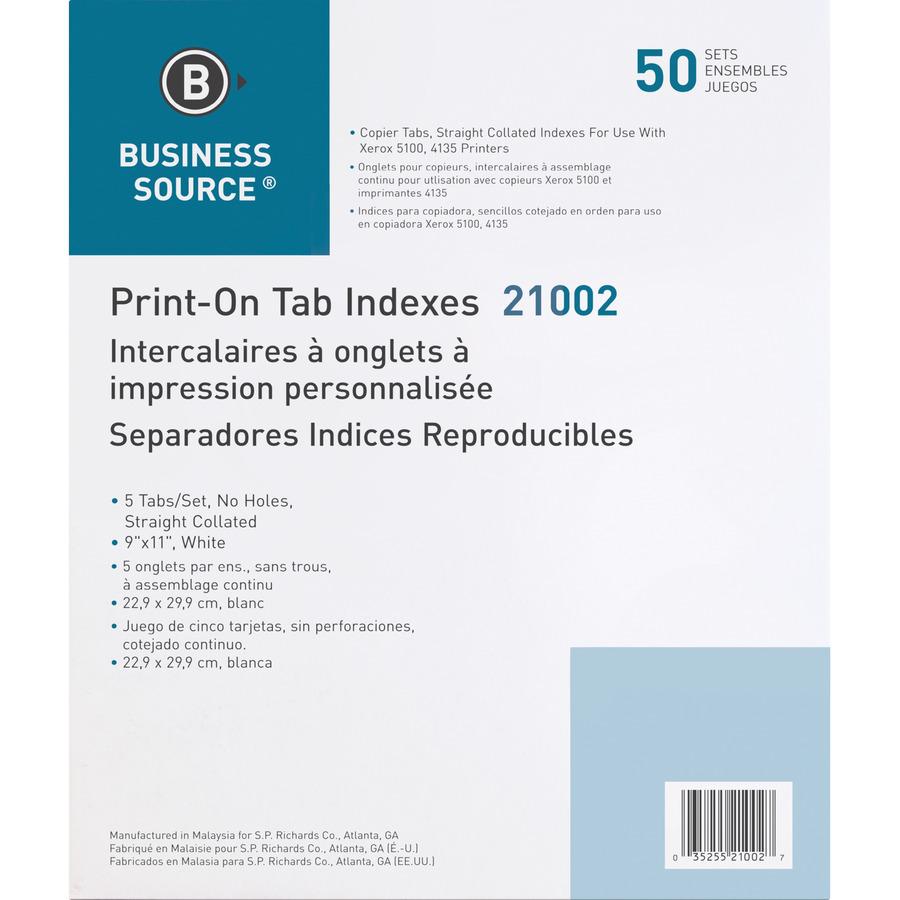 Business Source Straight Collated Print-on Tab Divider - Print-on Tab(s) - 5 Tab(s)/Set - 9" Divider Width x 11" Divider Length - Letter - White Divider - White Tab(s) - 50 / Box