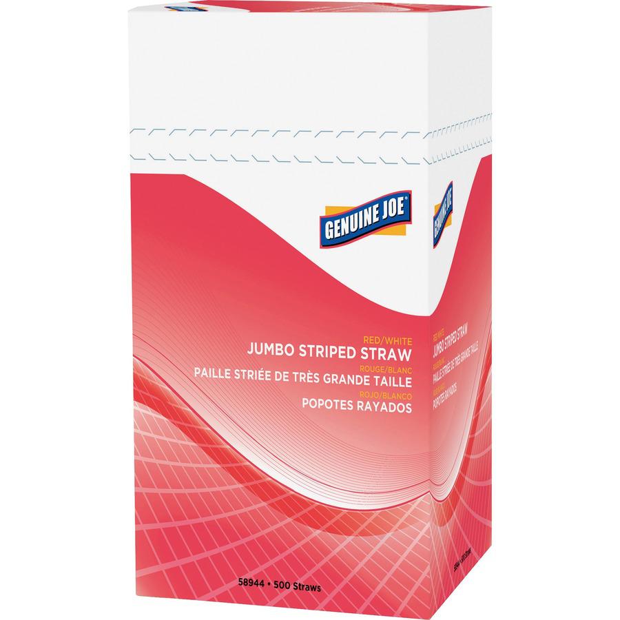 Genuine Joe Jumbo Striped Straws - 7.8" Length - Plastic - 24 / Carton - Red, White
