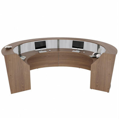 Linea Italia 4-Unit Curved Reception Desk - 11.8 ft x 107" x 46" - Material: Thermofused Laminate (TFL) - Finish: Walnut, Clear