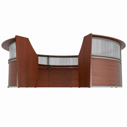 Linea Italia 5-Unit Curved Reception Desk - 11.8 ft x 11.1 ft x 46" - Material: Thermofused Laminate (TFL) - Finish: Cherry, Clear