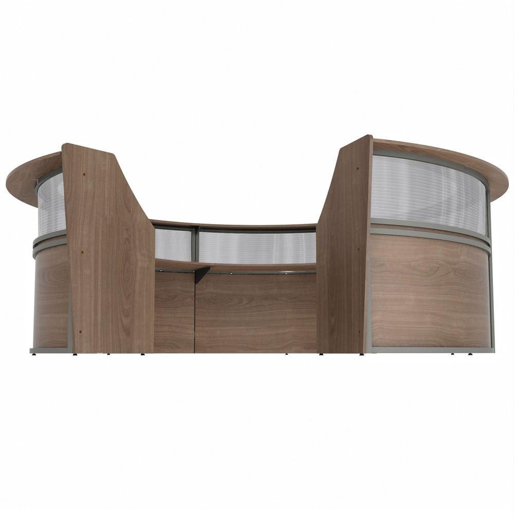 Linea Italia 5-Unit Curved Reception Desk - 11.8 ft x 11.1 ft x 46" - Material: Thermofused Laminate (TFL) - Finish: Walnut, Clear