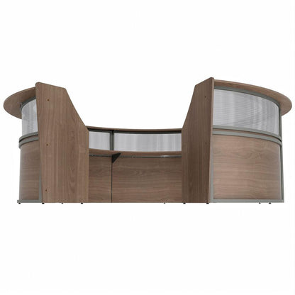 Linea Italia 5-Unit Curved Reception Desk - 11.8 ft x 11.1 ft x 46" - Material: Thermofused Laminate (TFL) - Finish: Walnut, Clear