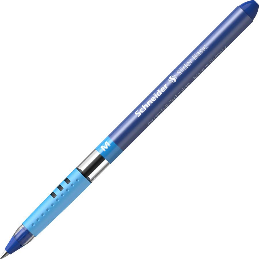 Schneider Slider Basic Medium Ballpoint Pen - Medium Pen Point - 1 mm Pen Point Size - Blue - Transparent Rubberized, Blue Barrel - Stainless Steel Tip - 10 / Pack