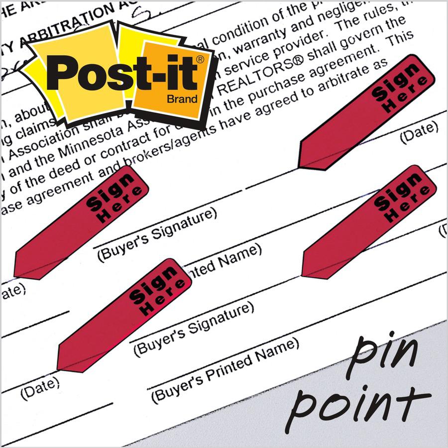 Post-it&reg; Arrow Message Flags - 80 x Red - 1/2" x 1 3/4" - Arrow, Rectangle - Unruled - "SIGN HERE" - Red - Removable, Self-adhesive - 80 / Pack