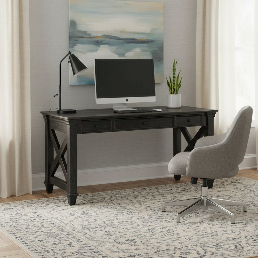 Traditional Wood Writing Desk, 3 Drawers, Power Center, Dark Brown