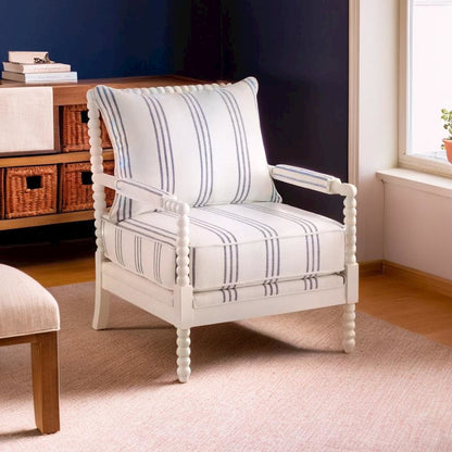 White Upholstered Accent Chair with Navy Spindle Accents for Modern Decor