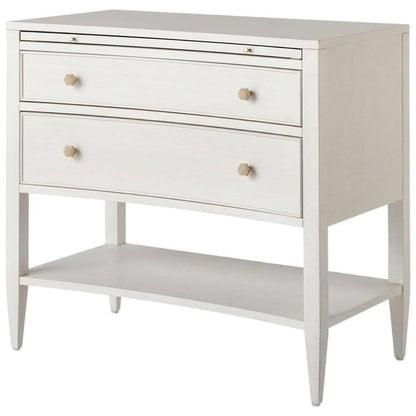 Elegant White Nightstand with Two Drawers and Pull-Out Shelf Design