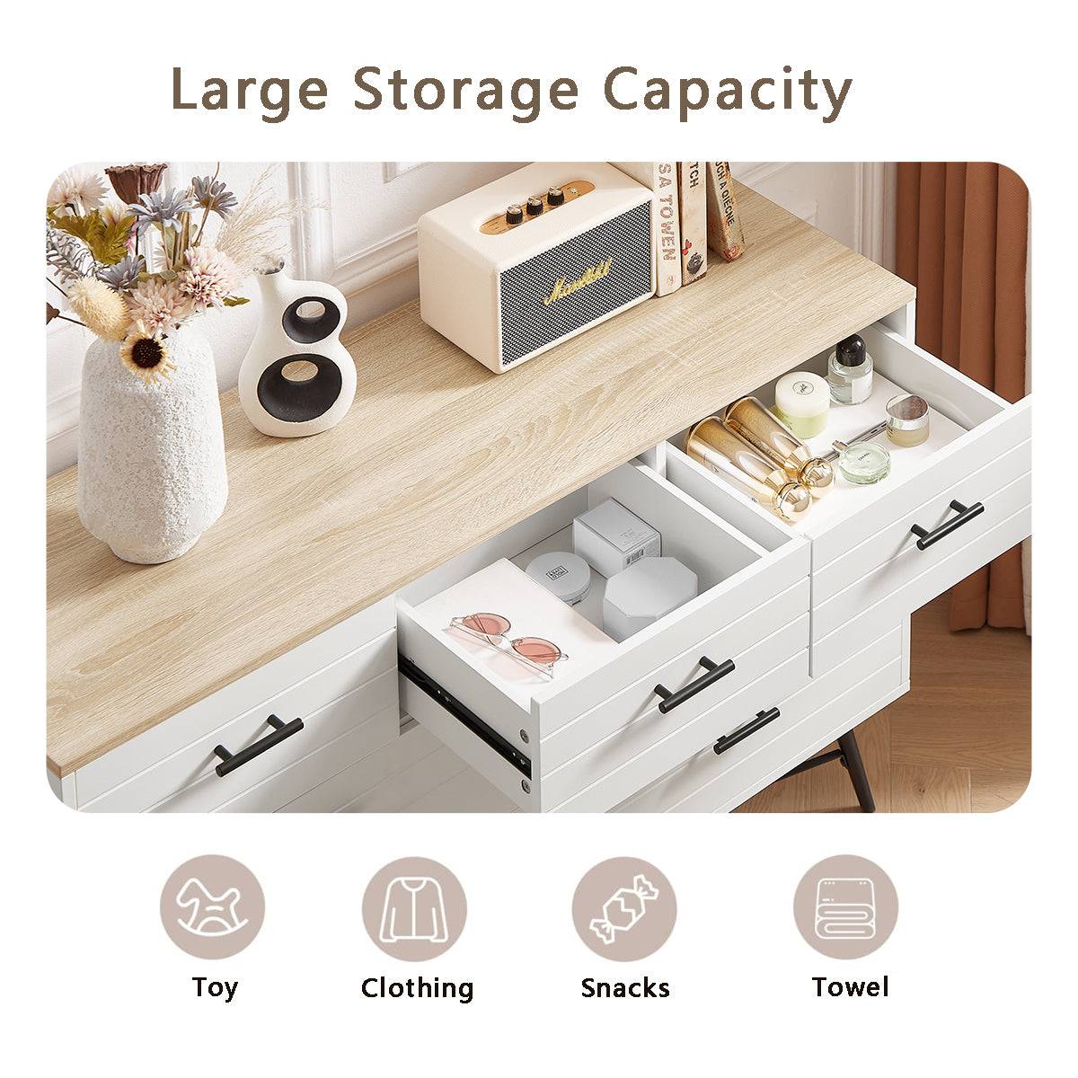 7 Drawer Dresser for Bedroom with Deep Drawers, Wood Dressers & Chest of Drawers, Modern White Long Dressers for Closet Living Room, 47.2"W x 15.7"D x 31.5"H, White & oak