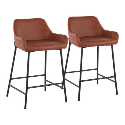 Black industrial counter stools with faux leather seats, set of 2