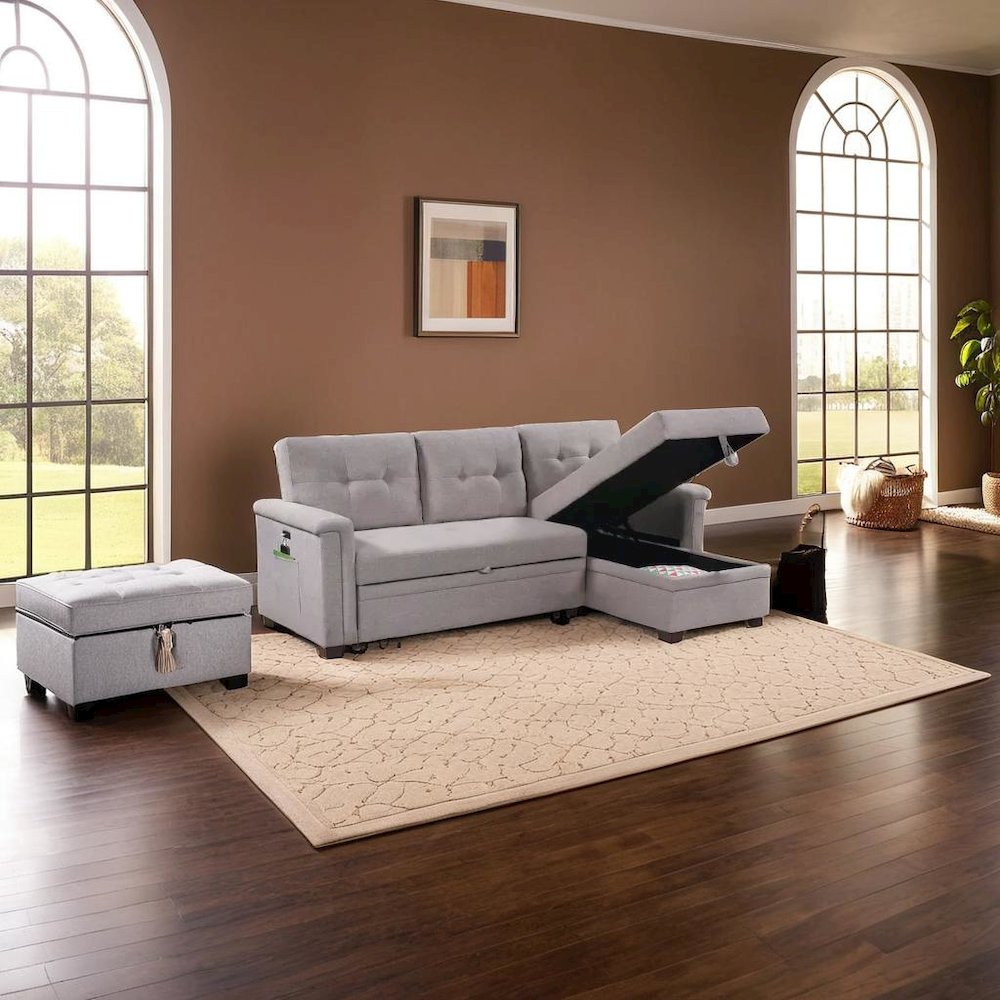 Contemporary Gray Reversible Sleeper Sectional Sofa with Storage and USB Ports