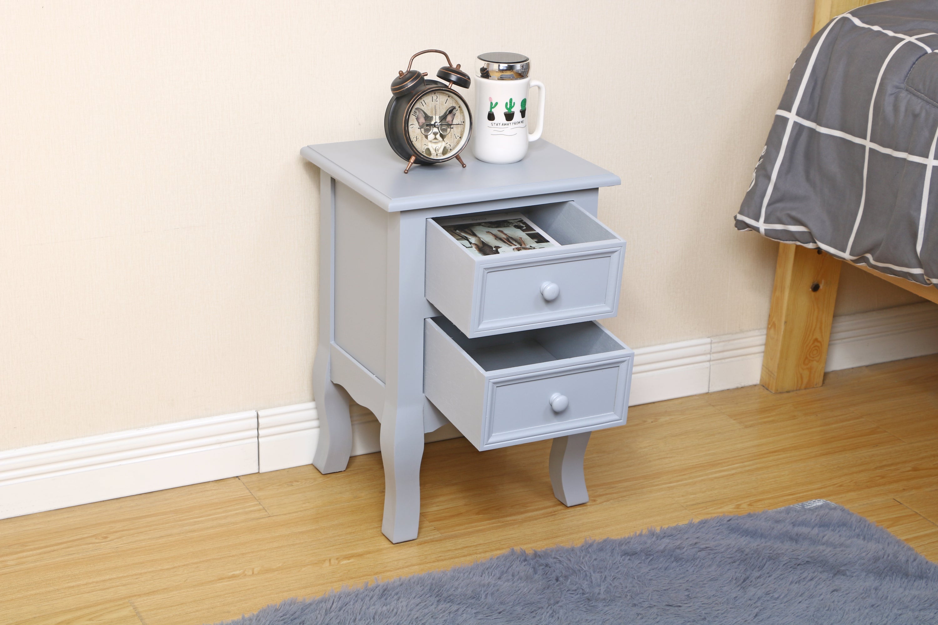 Set Nightstands Bedroom, Simple Wooden Bedside Table Night Stand with Drawer and Storage Basket Household(gray)