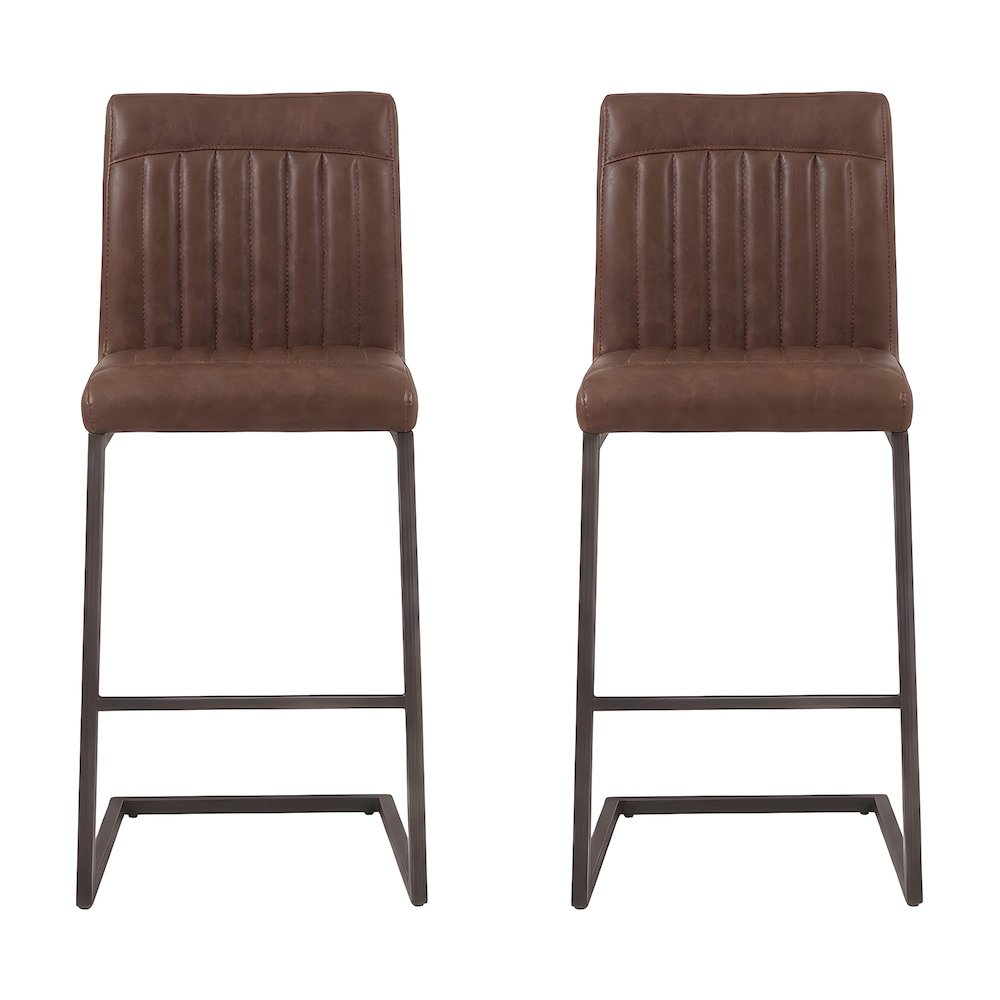 PU-Upholstered Counter Stools with Channel-Tufted Seat, Cigar Brown, Set of 2