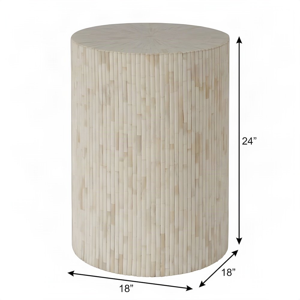 Modern Round Side Table with Organic Ridged Fluted End Table, Natural Bone