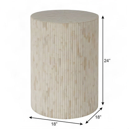 Modern Round Side Table with Organic Ridged Fluted End Table, Natural Bone