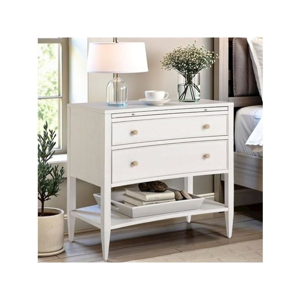 Elegant White Nightstand with Two Drawers and Pull-Out Shelf Design