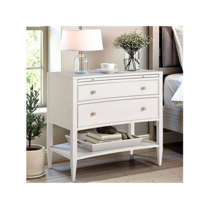 Elegant White Nightstand with Two Drawers and Pull-Out Shelf Design