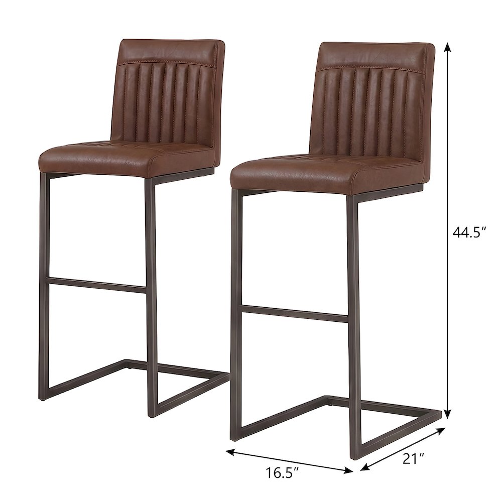 PU-Upholstered Bar Stools with Channel-Tufted Seat, Cigar Brown, Set of 2