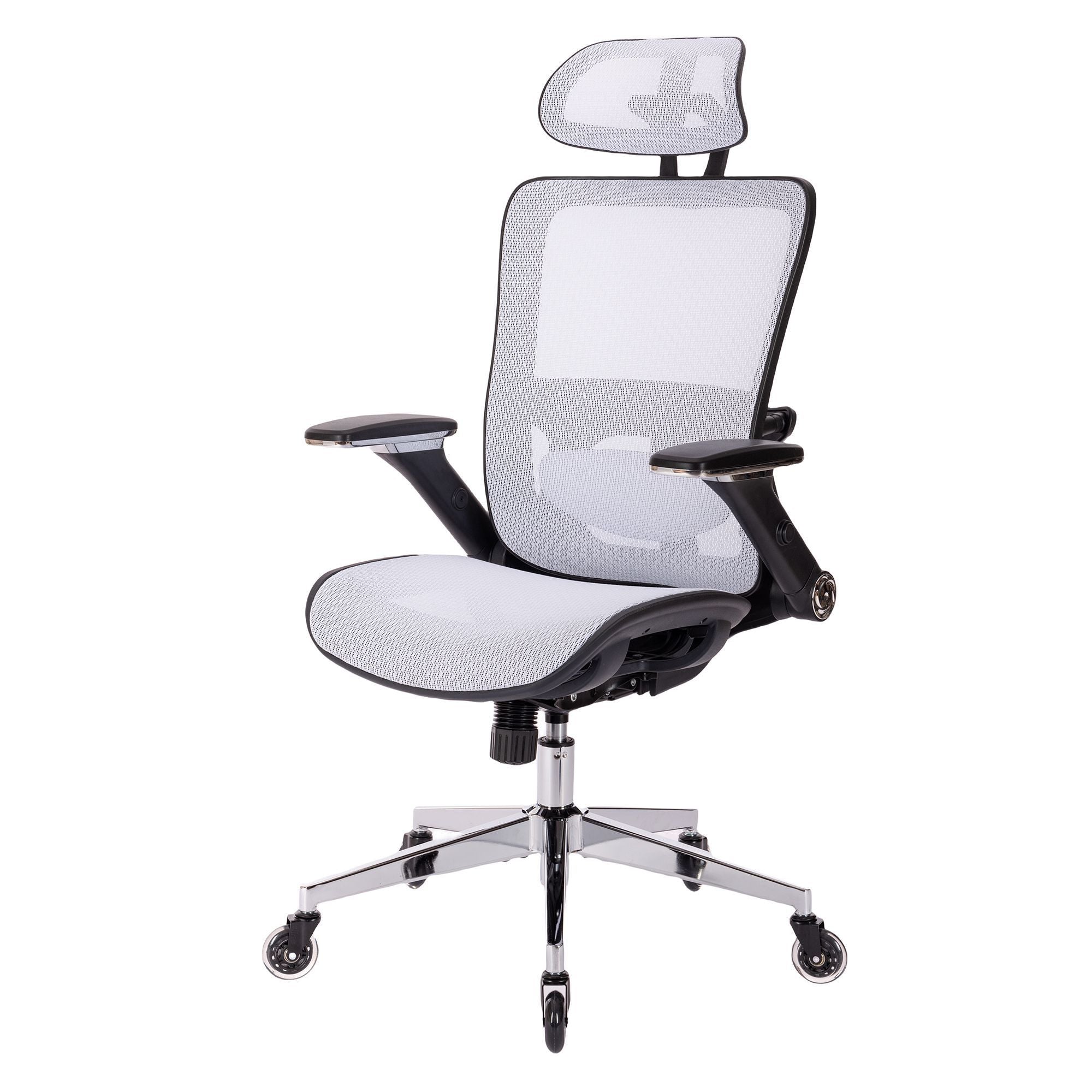 WHITE Ergonomic Mesh Office Chair, High Back - Adjustable Headrest with Flip-Up Arms, Tilt and lock Function, Lumbar Support and blade Wheels, KD chrome metal legs