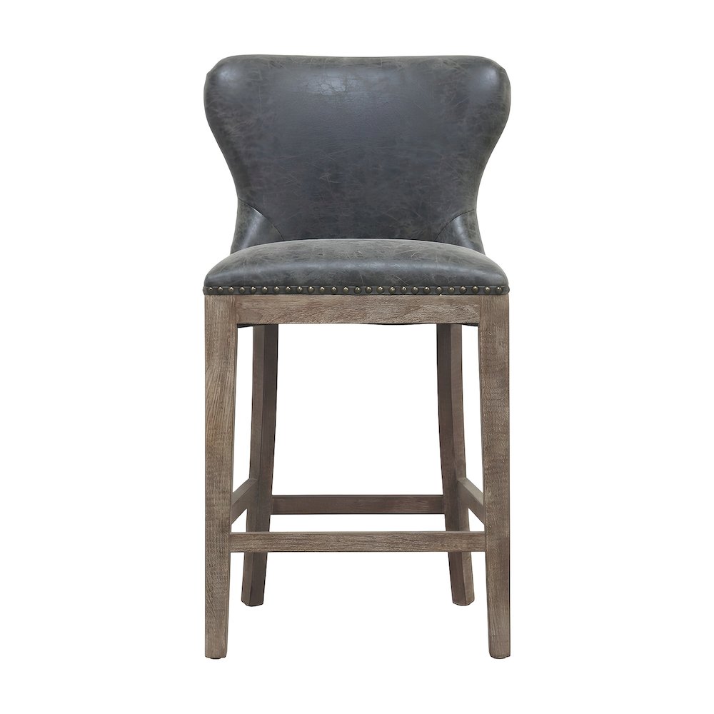 PU-Upholstered Counter Stool with Wing Back, Nailhead Trim and Solid Beech Legs