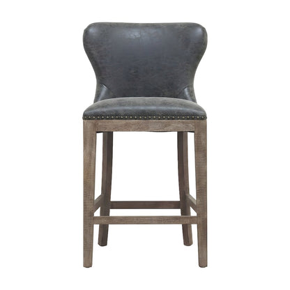 PU-Upholstered Counter Stool with Wing Back, Nailhead Trim and Solid Beech Legs