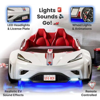 GTS EV Twin-Size Race Car Bed, White - Remote Control, LED Lights, EV Sound FX