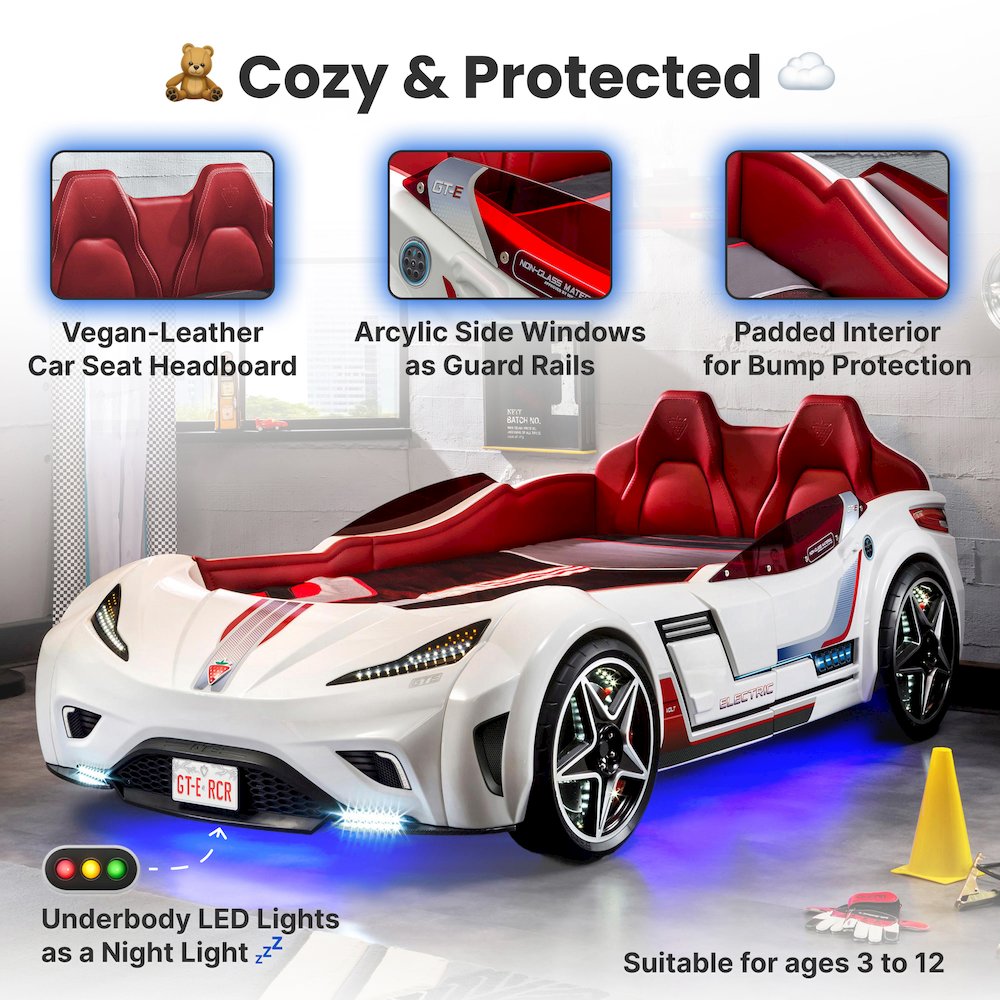 GTS EV Twin-Size Race Car Bed, White - Remote Control, LED Lights, EV Sound FX