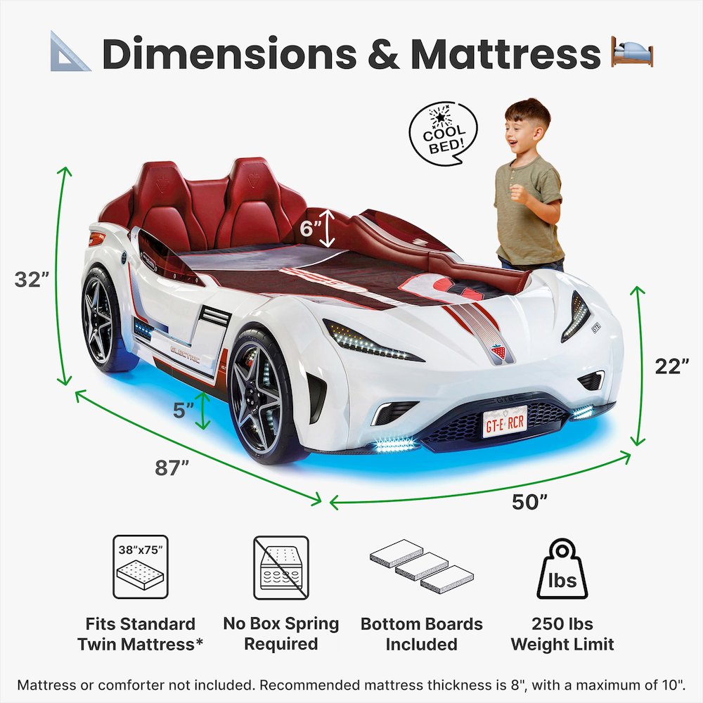 GTS EV Twin-Size Race Car Bed, White - Remote Control, LED Lights, EV Sound FX