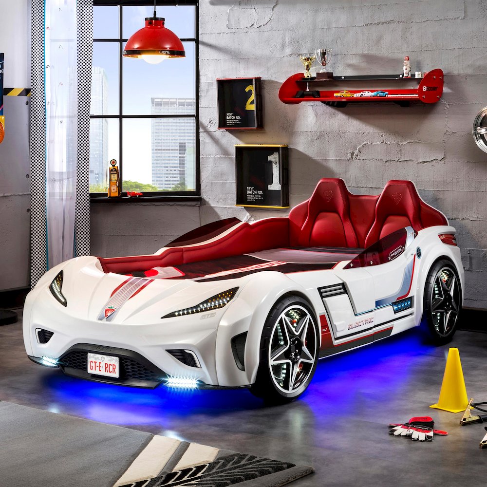 GTS EV Twin-Size Race Car Bed, White - Remote Control, LED Lights, EV Sound FX