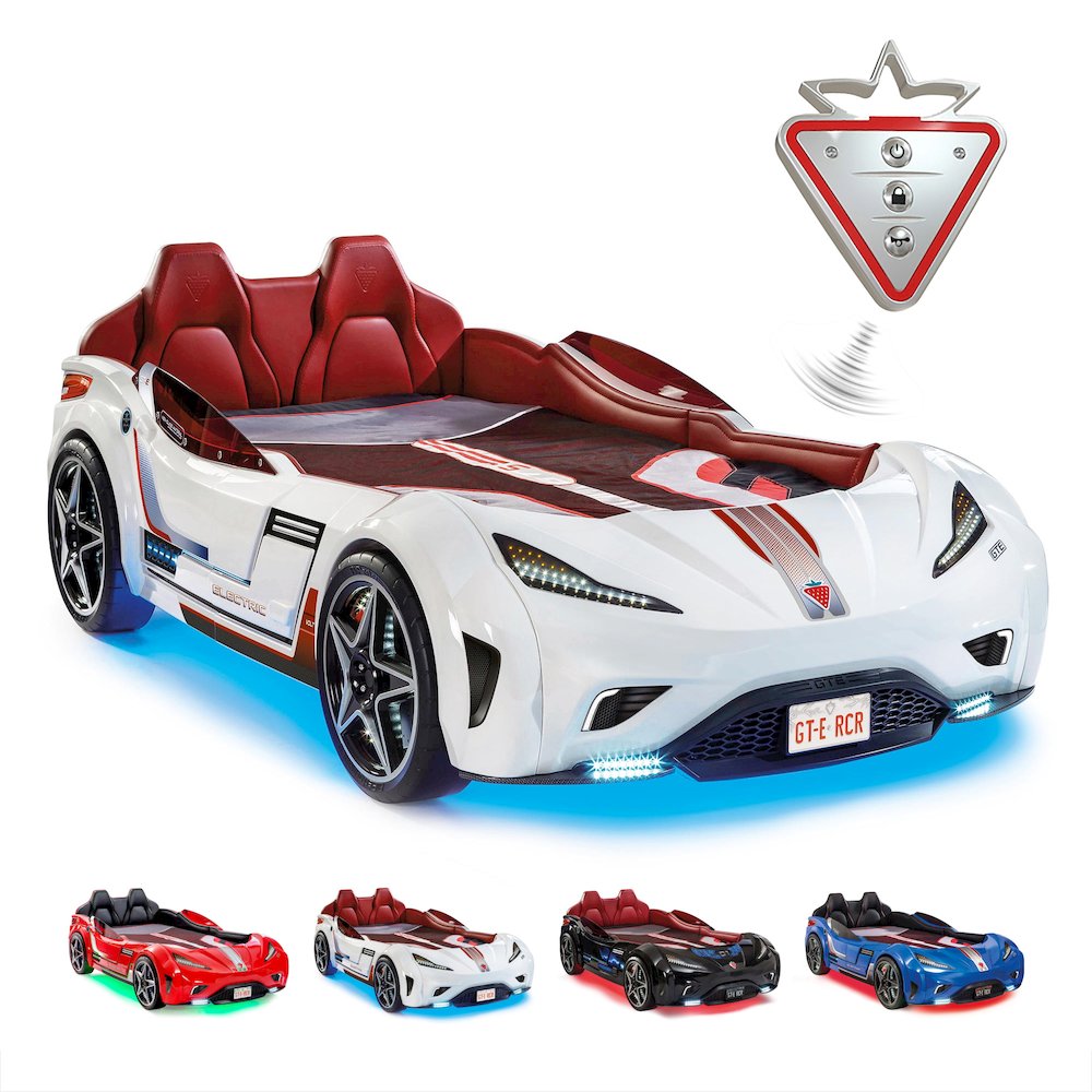 GTS EV Twin-Size Race Car Bed, White - Remote Control, LED Lights, EV Sound FX